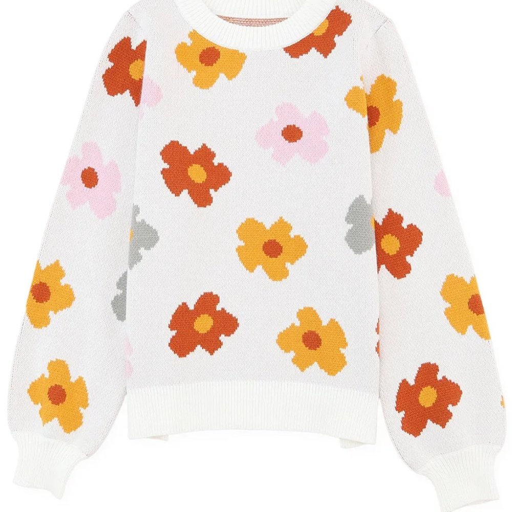 White Sweet Flower Knitted Ribbed Hem Sweater - Picture 12 of 13